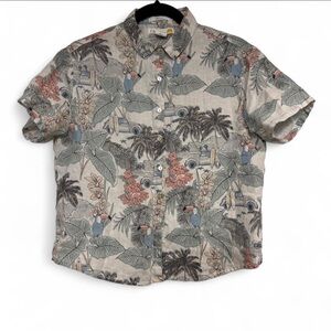 Casual Beige Tropical Print Short-Sleeve Button-Down Shirt
